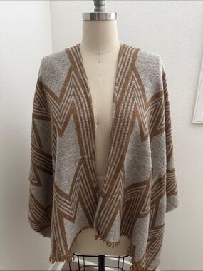 Maje Taupe and Camel Geometric Open-Front Poncho